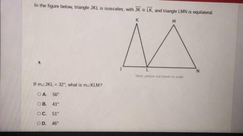 In the figure below, triangle JKL is isosceles, with JK = LK, and triangle LMN is equilateral. K M