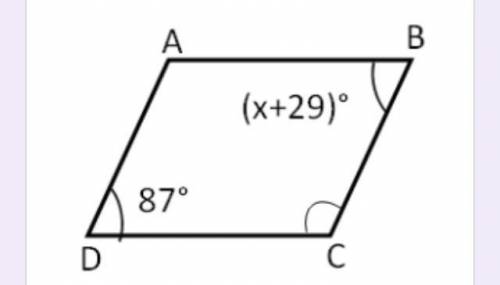 In the parallelogram given below, find the value of x, measures of ∠A and ∠C

A. 45˚
B. 58˚
C. 87˚