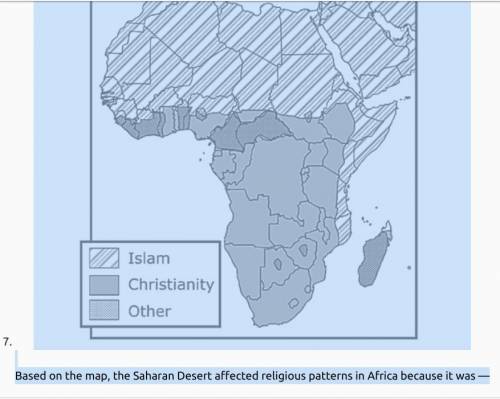 Based on the map, the Saharan Desert affected religious patterns in Africa because it was —