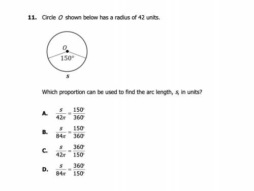 Which proportion can be used to find the arc length, s, in units?