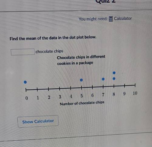 Find the mean of the data in the dot plot below chocolate chips in different cookies in a package​