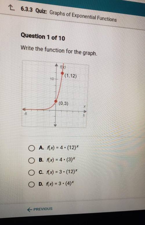 Write the function for the graph. fo (1.12) 10 (0.3) 5 A. f(x) = 4. (12) O B. f(x) = 4. (3)* O C. f