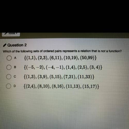 Question 2

Which of the following sets of ordered pairs represents a relation that is not a funct