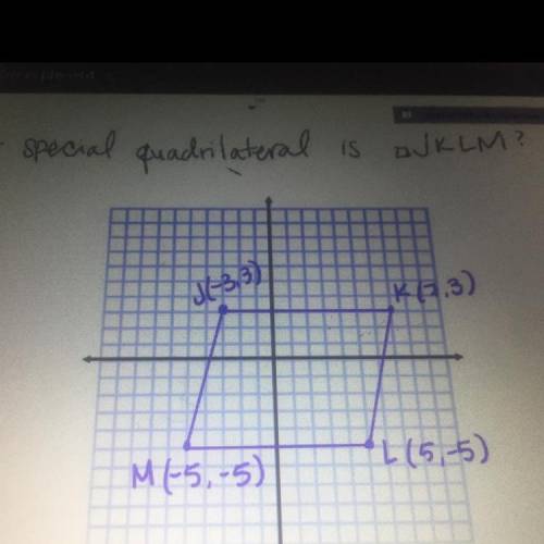 What special quadrilateral is JKLM? 
j(-3,3) 
k(7,3)
m(-5,-5) 
L(5,-5)