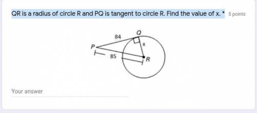 QR is a radius of circle R and PQ is tangent to circle R. Find the value of x.