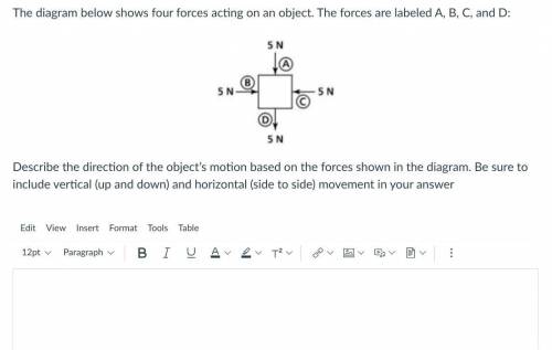 The diagram below shows four forces acting on an object. The forces are labeled A, B, C, and D:

D