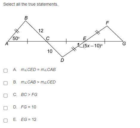 Select all the true statements.

Line A G passes through points C and E. segments are drawn to cre