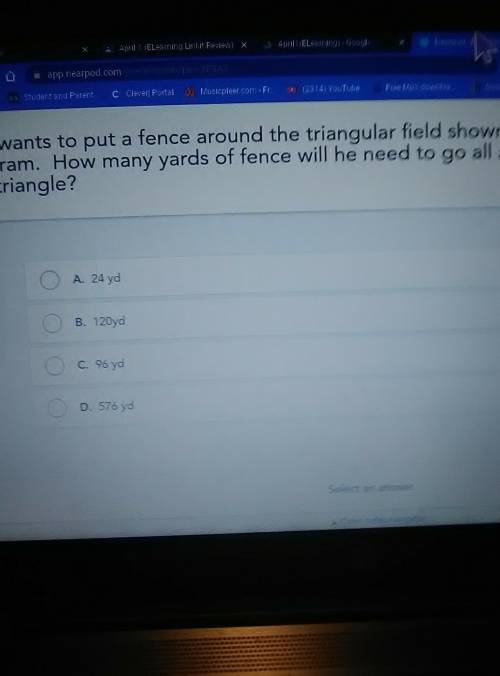 Eric wants to put a fence around the triangular field shown in the diagram. How many yards of fence