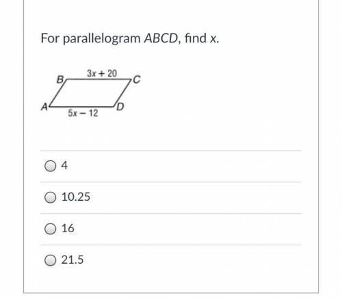 WILL MARK! 
For parallelogram ABCD, find x.
