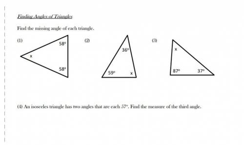 Find the missing angle of each triangle.