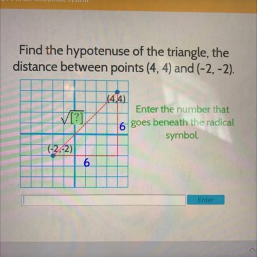 Find the hypotenuse of the triangle, the

distance between points (4, 4) and (-2,-2).
V[?]
(4,4)
E