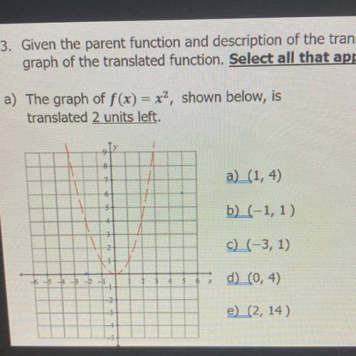 A) The graph of f(x) = x2, shown below, is

translated 2 units left.
- Identify which ordered pair