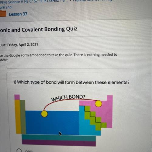 1) Which type of bond will form between these elements?

A)Ionic 
B)Covalent 
C)Metallic