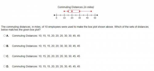 The commuting distances, in miles, of 10 employees were used to make the box plot shown above. Whic