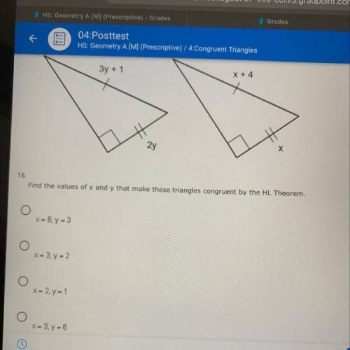 Find the values of x and y that make these triangles congruent by the HL Theorem