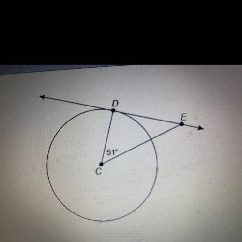 DE is tangent

is tangent to circle Cat point D.
What is the measure of
DEC
Enter your answer in t