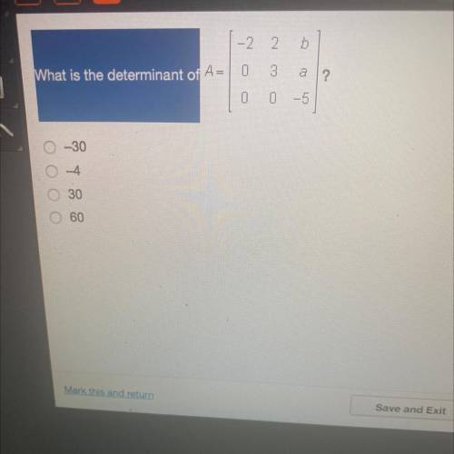 What is the determinant of a= -2,2,b,0,3,a,0,0,-5 Please help will mark