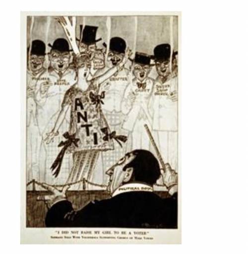 This political cartoon depicts a woman who is singing an anti-suffrage song. Its caption is, I did