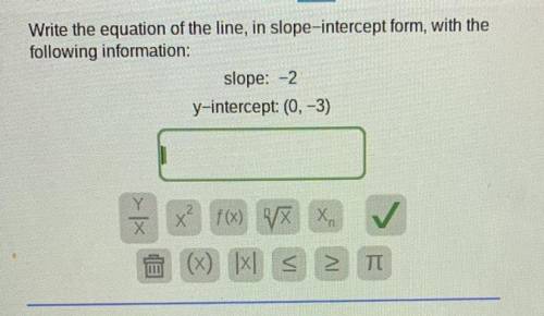 Write the equation of the line, in slope-intercept form, with the

following information:
slope: -