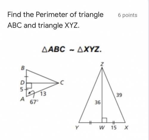 Find the Perimeter of triangle ABC and triangle XYZ.
