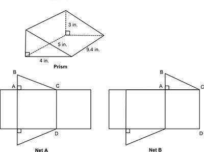 A prism and two nets are shown below:

Image of a right triangular prism and 2 nets. The triangle
