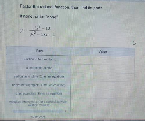 Factor the rational function, then find its parts If none, enter none y = 3x2 – 12 8x2 18x + 4 16