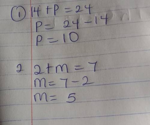 Solve each equation below for the variable given.
14 + p = 24 p = 
2 + m = 7 m =