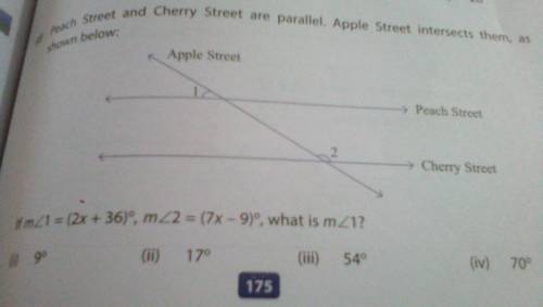 Peach Street and Cherry Street are parallel. Apple Street intersects them, as shown in the diagram