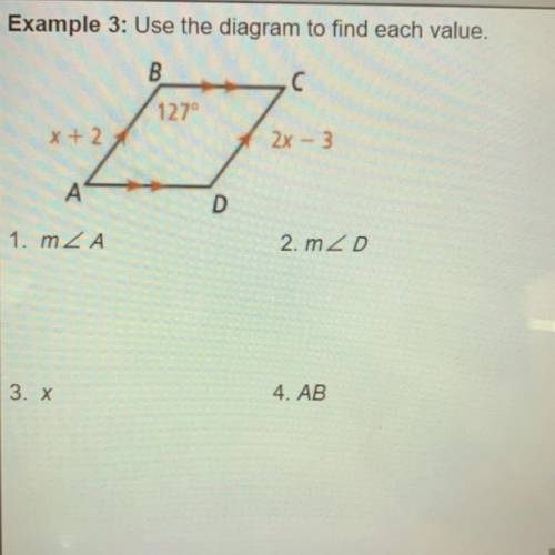Use the diagram to find each new value.
1.m
2.m
3. x
4. AB