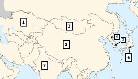 On the map above, China is located at number _____ and Japan is located at number _____.

A.
1 . .