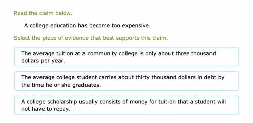 Read the claim below.

A college education has become too expensive.
Select the piece of evidence