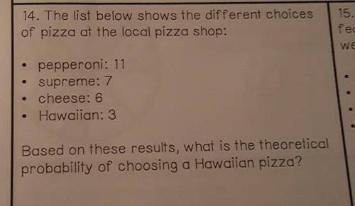 14. The list below shows the different choices of pizza at the local pizza shop: pepperoni: 11 supr