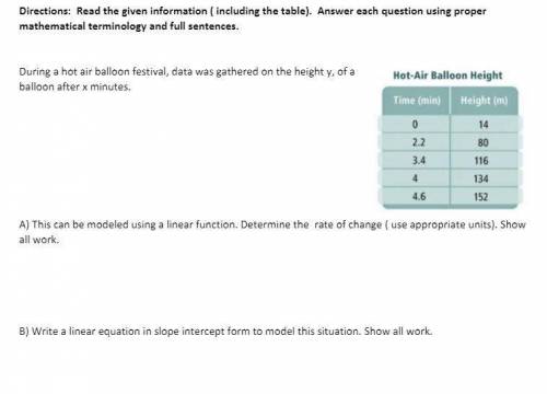 NEED HELP FAST, During a hot air balloon festival, data was gathered on the height y, of a balloon
