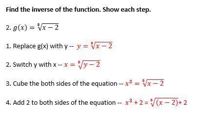 Find the inverse of this function. Show your steps.

Hi, so, I'm like halfway done, but can you sh