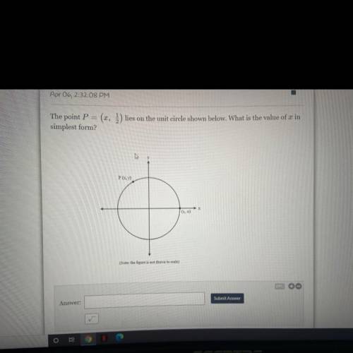 The point p=(x,1/2)
Lies in the unit circle shown below what is the value of X in simplest