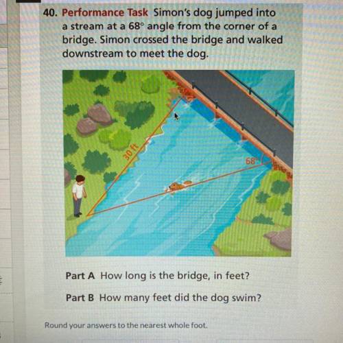 Simon's dog jumped into a stream at a 68° angle from the corner of a bridge. Simon crossed the brid