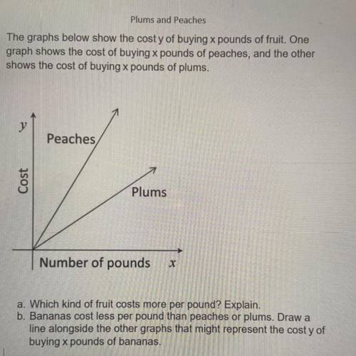 Plums and Peaches

The graphs below show the cost y of buying x pounds of fruit. One
graph shows t