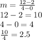 m=\frac{12-2}{4-0} \\12-2=10\\4-0=4\\\frac{10}{4}=2.5