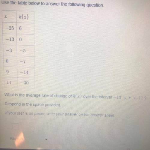 X h(x)

-25 6
-13 0
-3 -5
0 -7
9 -11
11 -30
What is the average rate of change of h(x) over the in