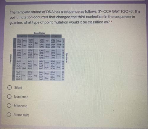 The template strand of DNA has a sequence as follows: 3- CCAGGT TGC -5'. If a

point mutation occu