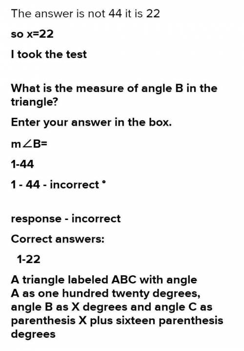 What is the measure of angle B in the triangle?

Enter your answer in the box.
m∠B= 
°
​
A triangle