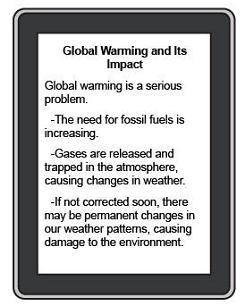 The image shows an outline. A list titled global warming and its impact. There is an introductory s