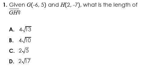 This is urgent. Please help. Will mark brainliest.

Given G(-6, 5) and H(2, -7), what is the lengt
