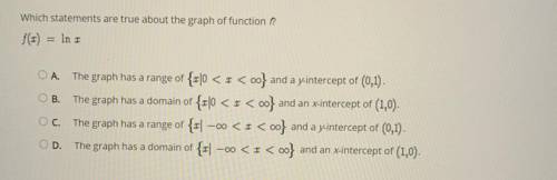 Which statements are true about the graph of function f?
f(x)= ln x