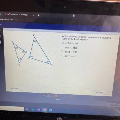 Which similarity statement expresses the relationship

between the two triangles?
O AEFG - AJKL
O