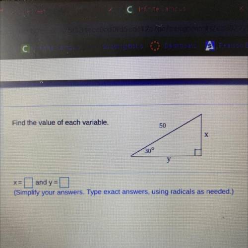 Find the value of each variable.

SO
x
300
у
X=
and y=0
(Simplify your answers. Type exact answers
