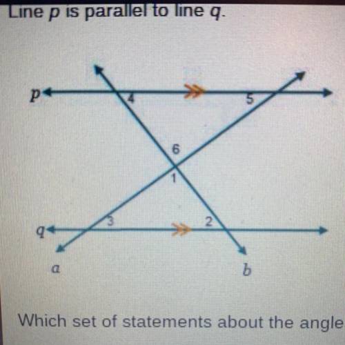 HURRY PLEASE!!!

Line p is parallel to line q. Which set of statements about the angles is true?
O