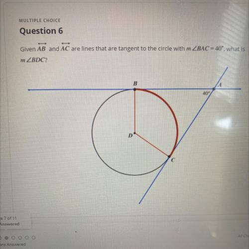 Given AB and AC are lines that are tangent to the circle with m ZBAC = 40°, what is
m ZBDC?