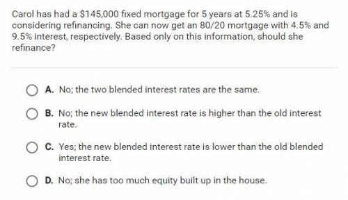 Carol has had a $145,000 fixed mortgage for 5 years at 5.25% and is considering refinancing. She ca