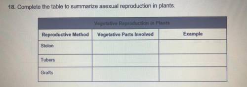 Complete the table to summarize asexual reproduction in plants.